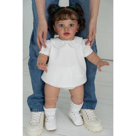 🆕26Inch Realistic Baby Doll with Curly Hair Reborn Doll in White Floral Dress - Picture 2 of 5